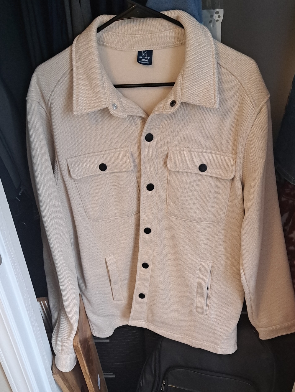George Men's Cream Button-Up Shirt Jacket with Black Buttons